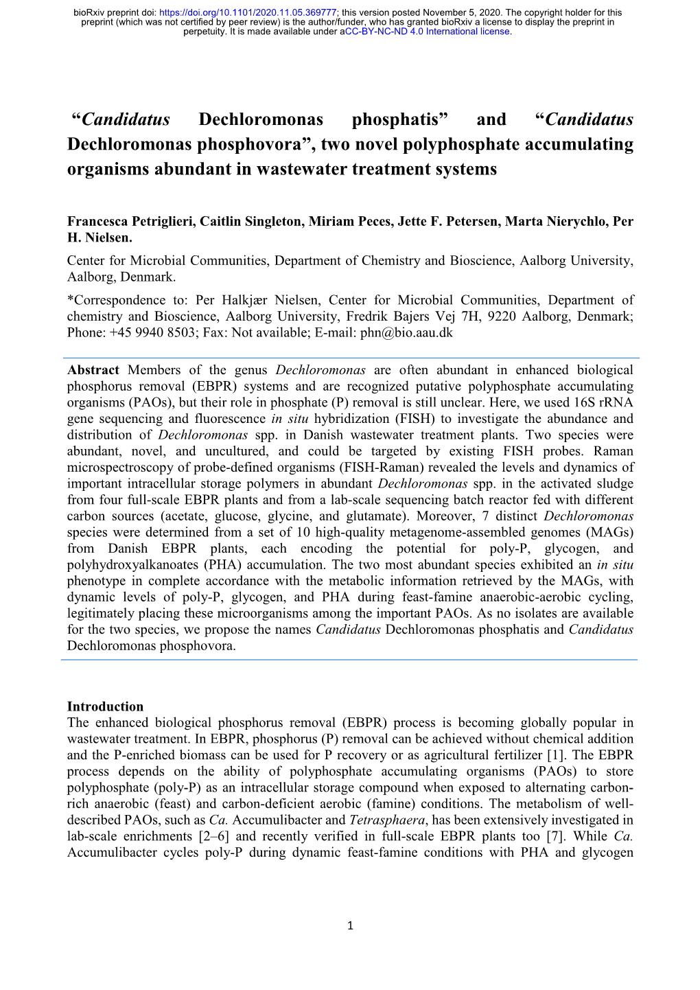 Candidatus Dechloromonas Phosphovora”, Two Novel Polyphosphate Accumulating Organisms Abundant in Wastewater Treatment Systems