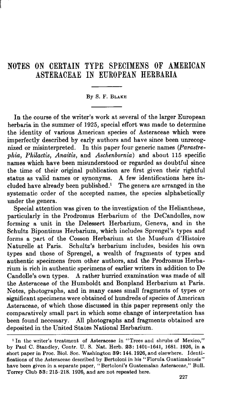 Notes on Certain Type Specimens of American Asteraceae in European Herbaria