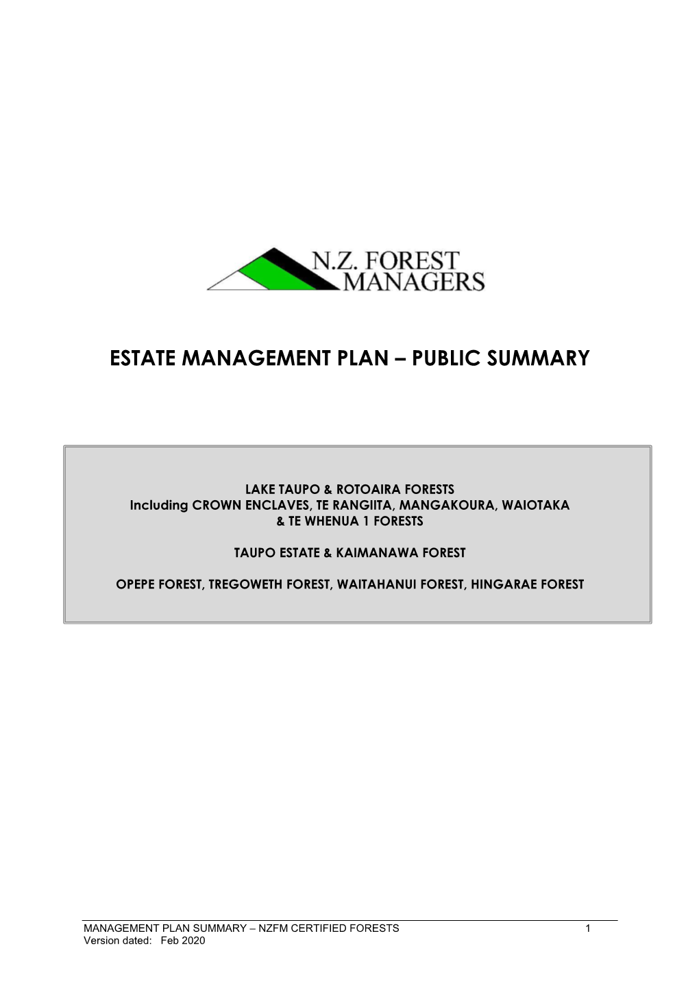 Management Plan – Public Summary