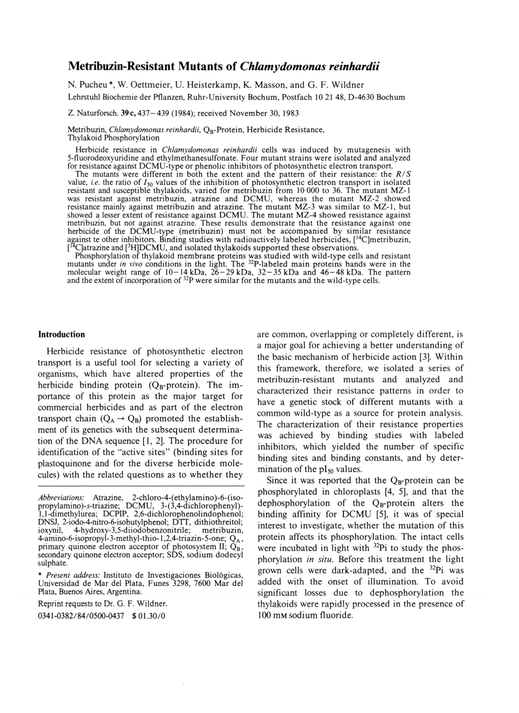 Metribuzin-Resistant Mutants of Chlamydomonas Reinhardii N