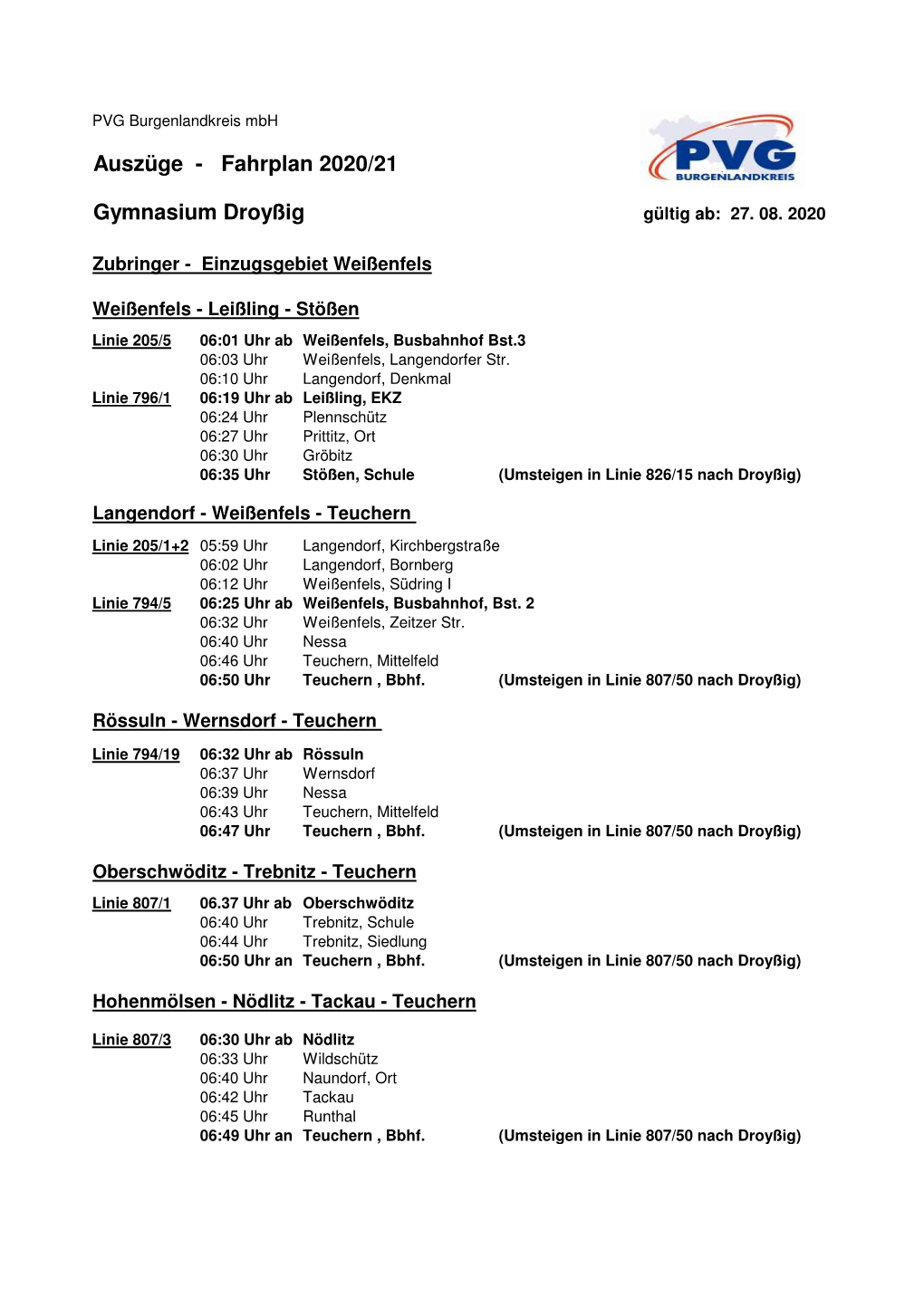 Fahrplan Raum Weißenfels, Ab 27.08.2020