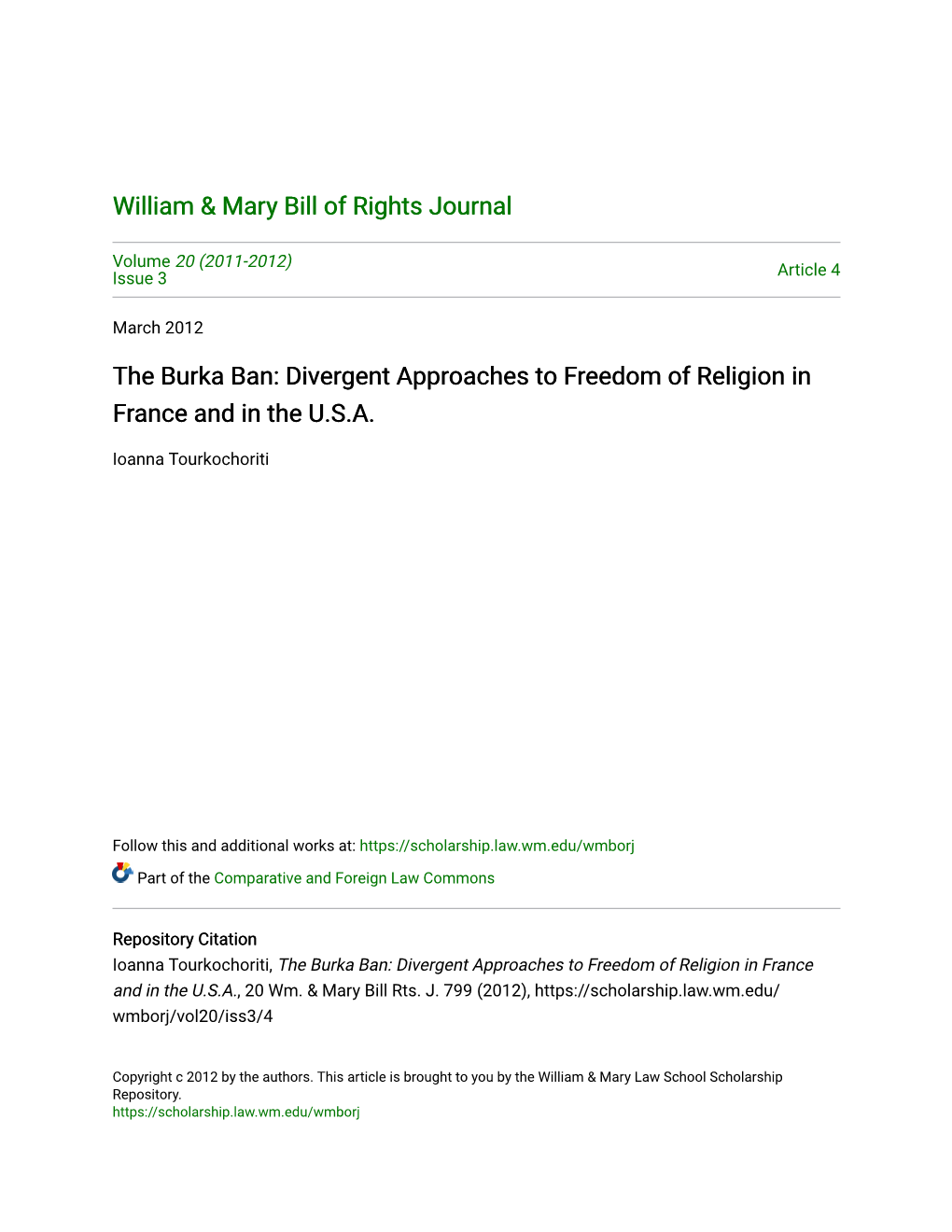 The Burka Ban: Divergent Approaches to Freedom of Religion in France and in the U.S.A