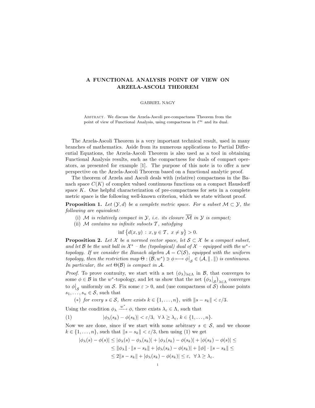 A Functional Analytic Point of View on Arzela-Ascoli Theorem