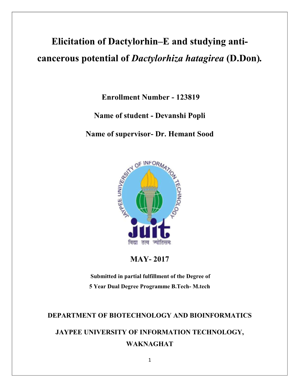 Cancerous Potential of Dactylorhiza Hatagirea (D.Don)