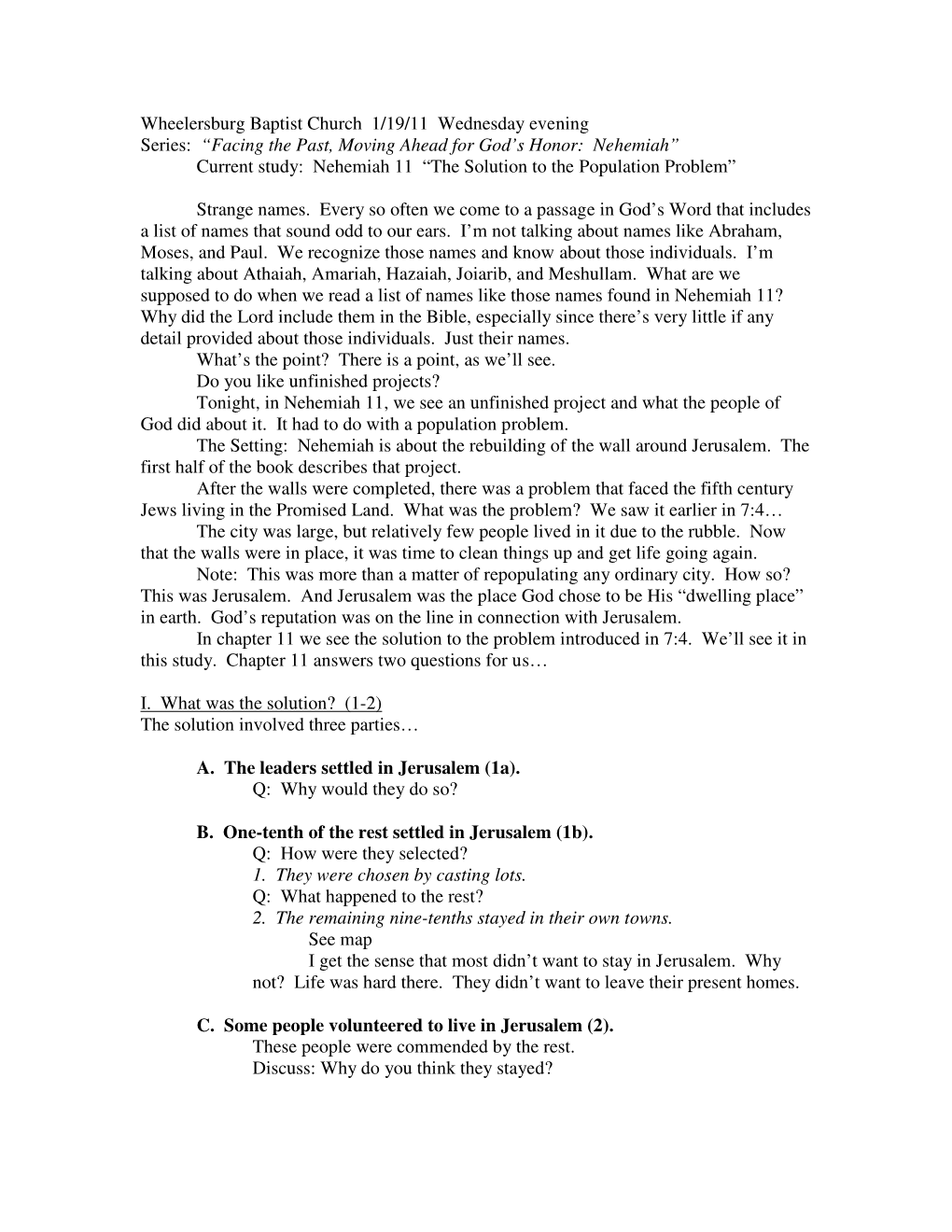 Nehemiah 11 “The Solution to the Population Problem”