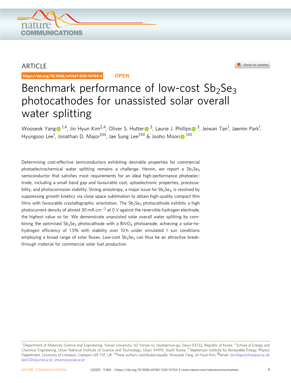 Benchmark Performance of Low-Cost Sb2se3 Photocathodes for Unassisted Solar Overall Water Splitting