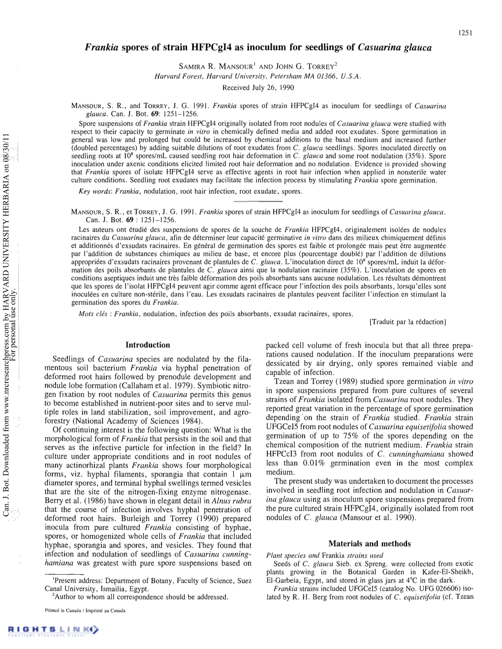 Frankia Spores of Strain Hfpcgi4 As Inoculum for Seedlings of Casuarina Glauca