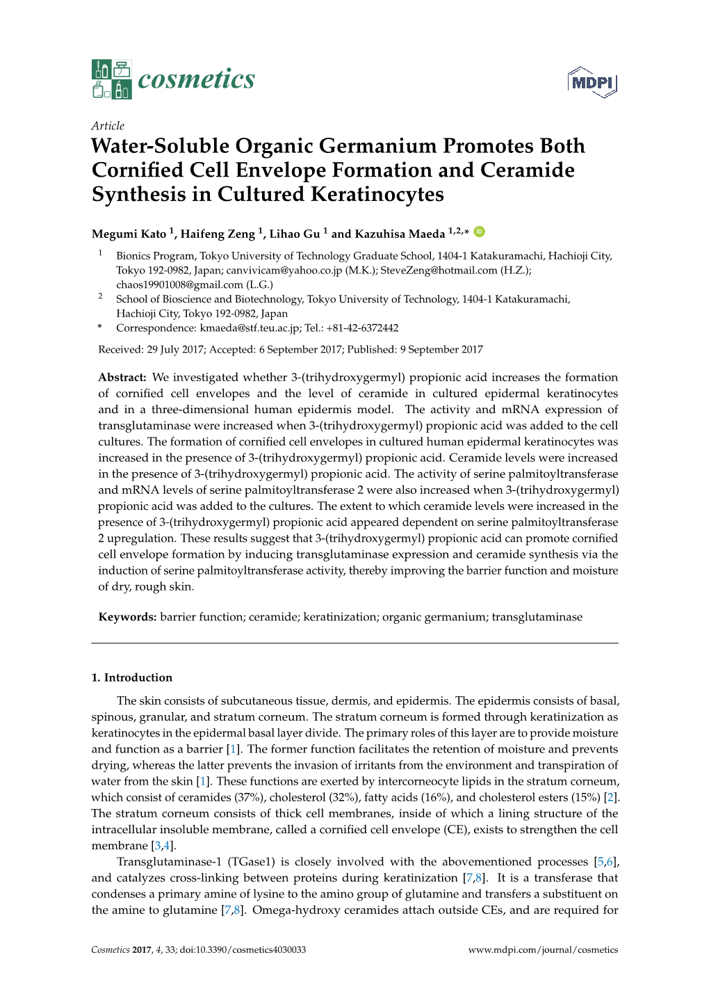 Water-Soluble Organic Germanium Promotes Both Cornified Cell