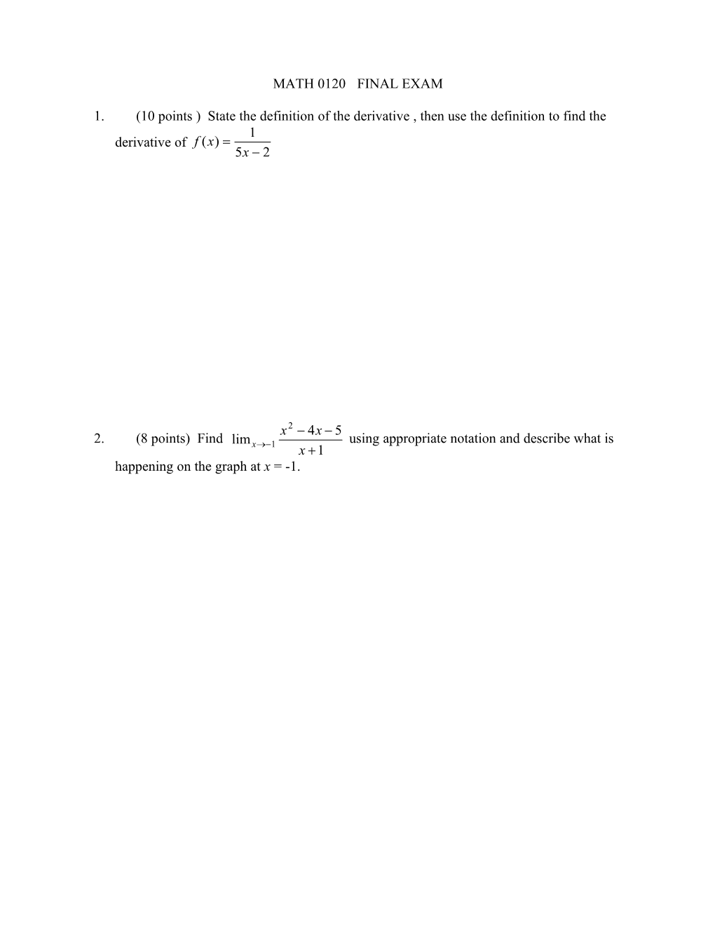 M0120 Final Exam Spring 211-4 Dr. B K Michael