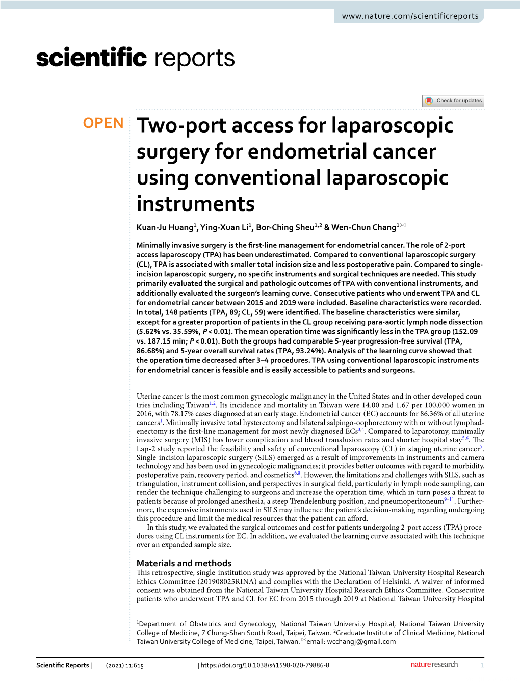 Two-Port Access for Laparoscopic Surgery for Endometrial Cancer