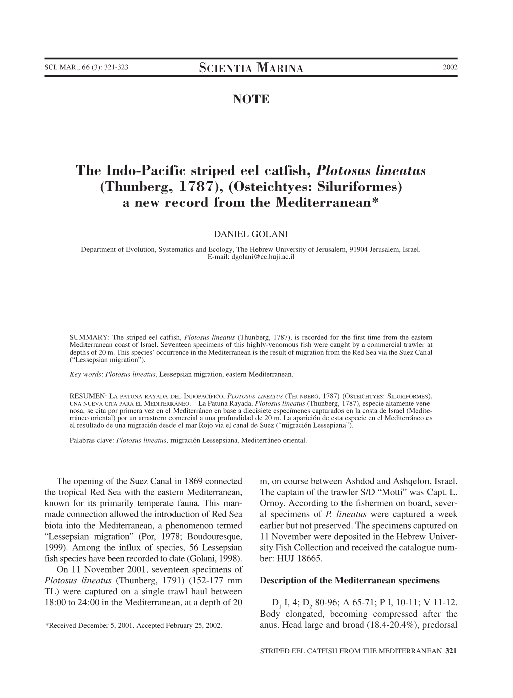 The Indo-Pacific Striped Eel Catfish, Plotosus Lineatus (Thunberg, 1787), (Osteichtyes: Siluriformes) a New Record from the Mediterranean*