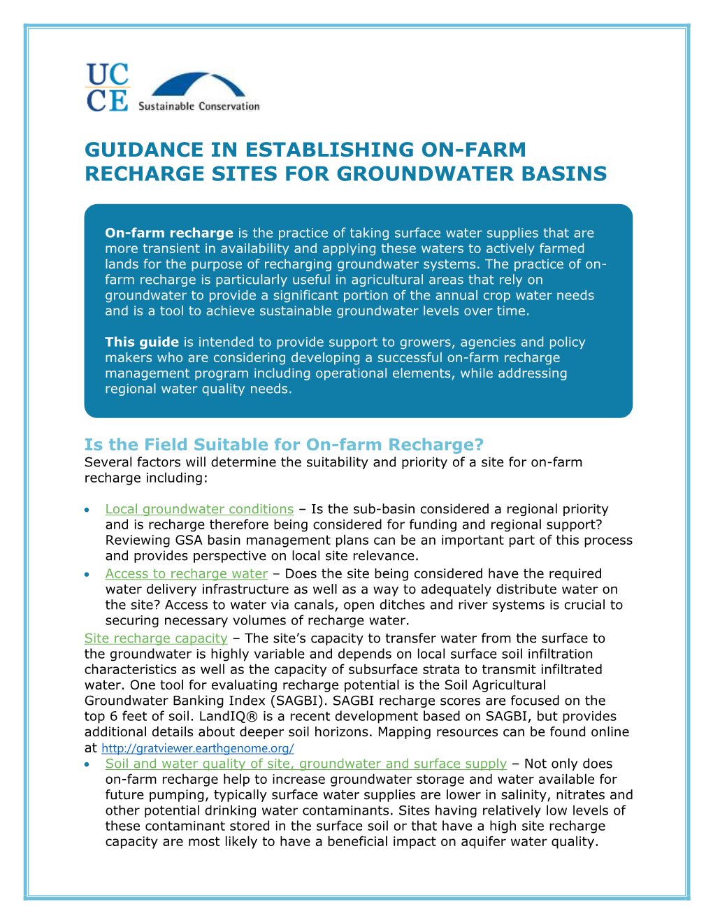 Guidance in Establishing On-Farm Recharge Sites for Groundwater Basins