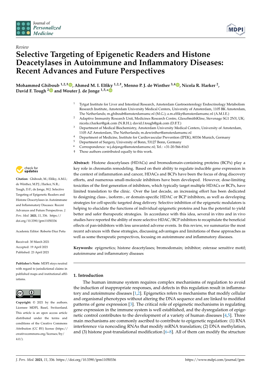 Selective Targeting of Epigenetic Readers and Histone Deacetylases in Autoimmune and Inflammatory Diseases: Recent Advances