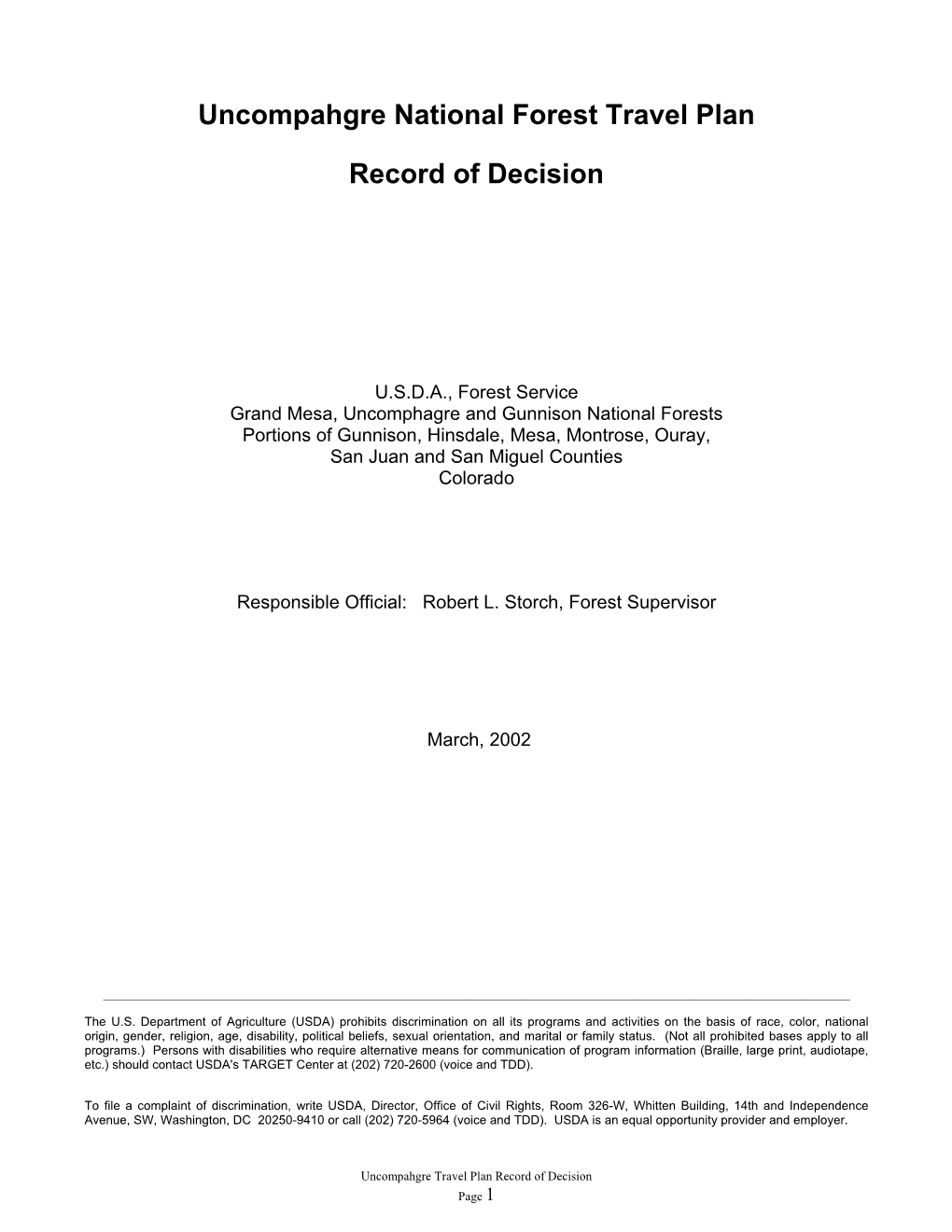 Uncompahgre National Forest Travel Plan Record of Decision