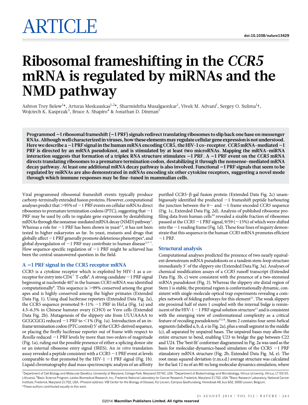 Ribosomal Frameshifting in the CCR5 Mrna Is Regulated by Mirnas and the NMD Pathway
