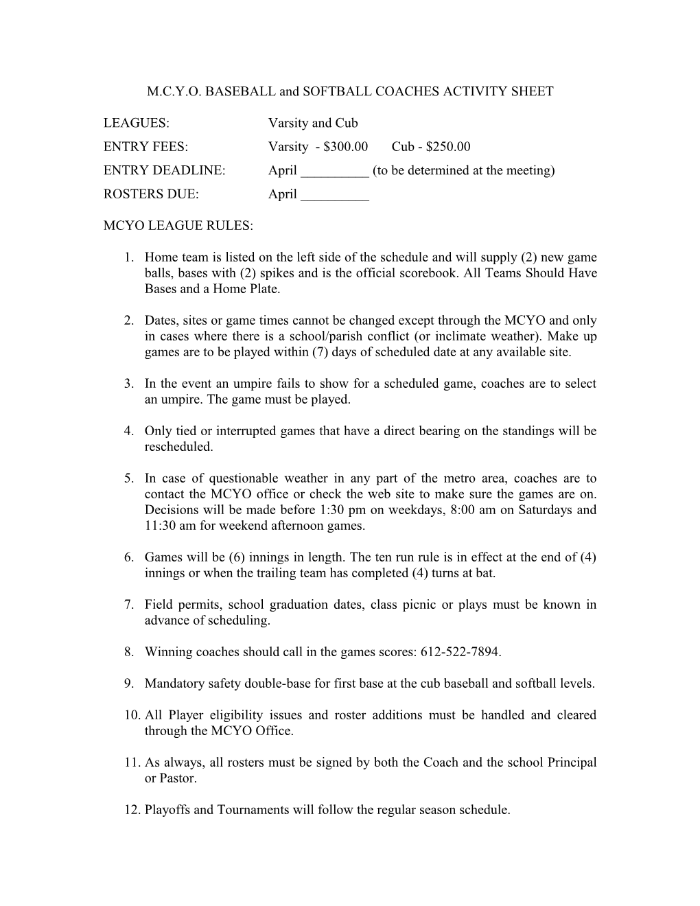 M.C.Y.O. BASEBALL and SOFTBALL COACHES ACTIVITY SHEET