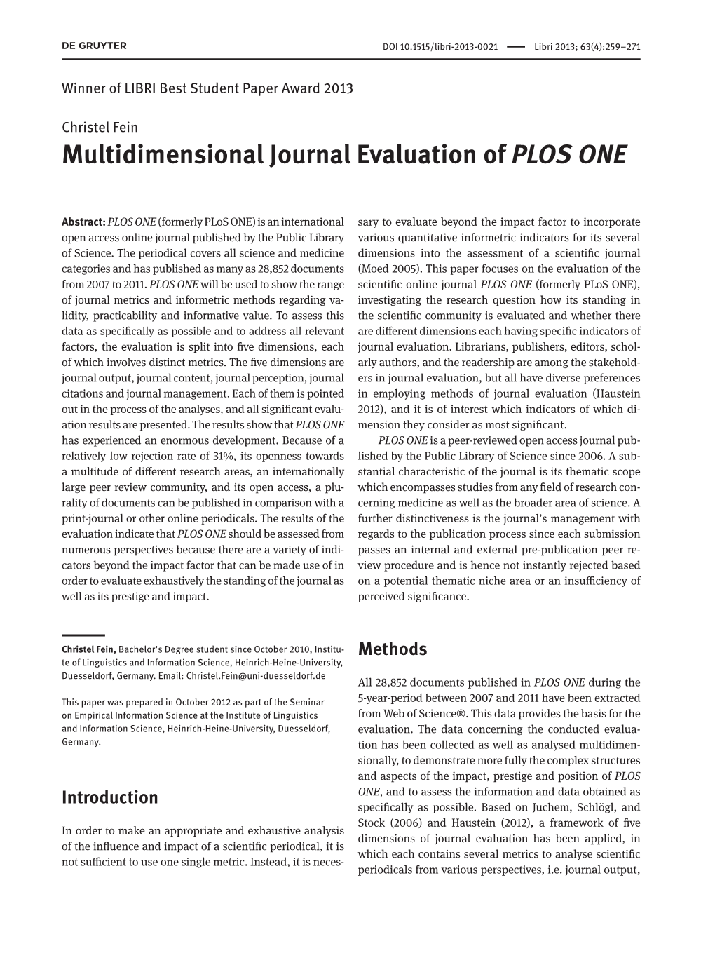 Multidimensional Journal Evaluation of PLOS ONE