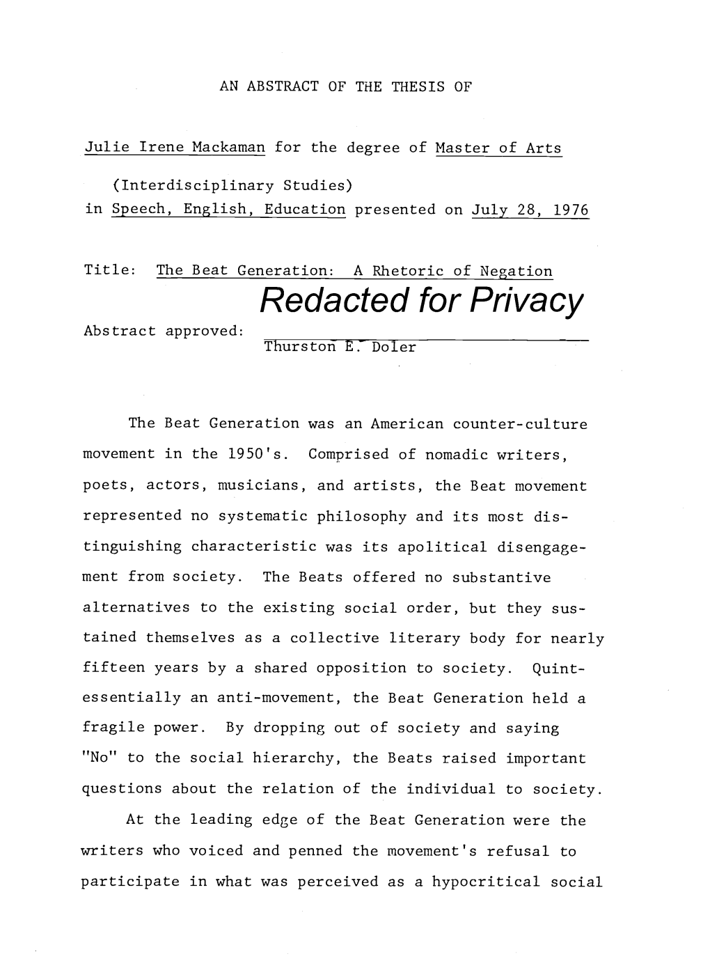 The Beat Generation: a Rhetoric of Negation Redacted for Privacy Abstract Approved: Thurston E