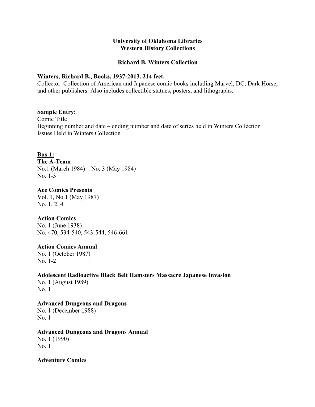 University of Oklahoma Libraries Western History Collections Richard B. Winters Collection Winters, Richard B., Books, 1937-2013