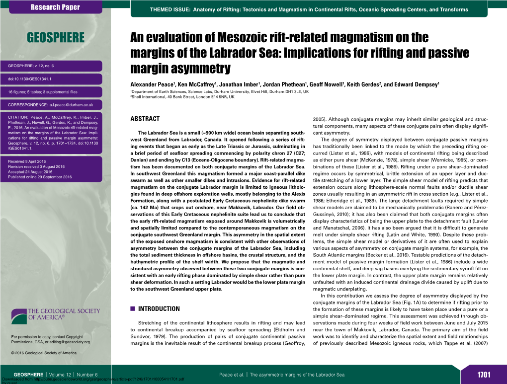 An Evaluation of Mesozoic Rift-Related Magmatism on the Margins of the Labrador Sea: Implications for Rifting and Passive GEOSPHERE; V