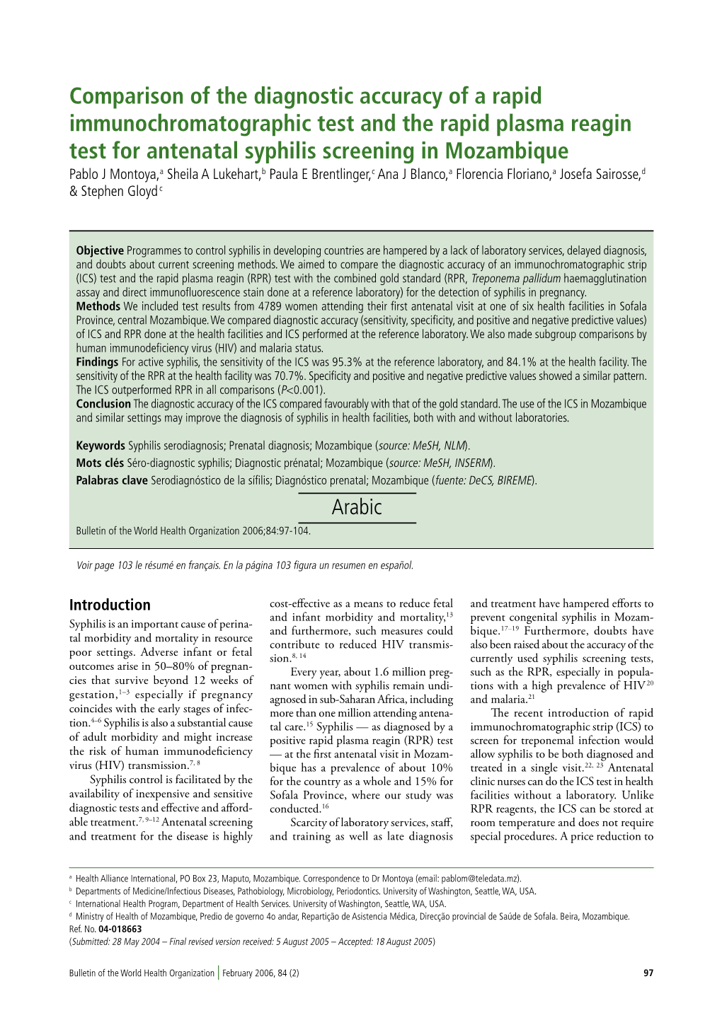 Comparison of the Diagnostic Accuracy of a Rapid Immunochromatographic Test and the Rapid Plasma Reagin Test for Antenatal Syphi