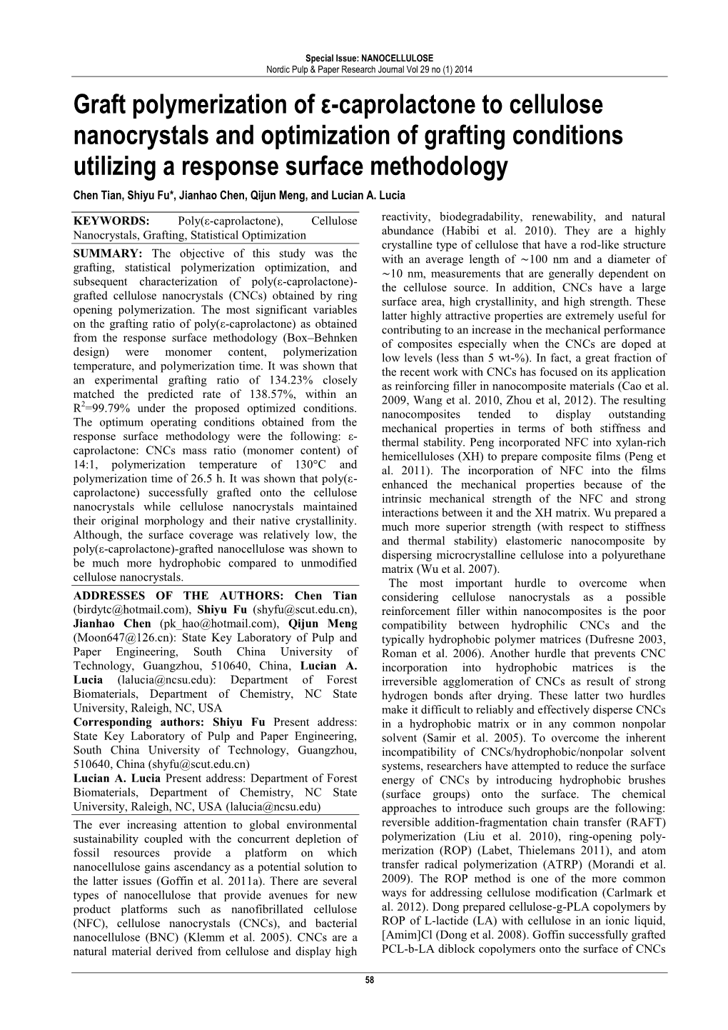 Graft Polymerization of Ε-Caprolactone to Cellulose Nanocrystals And