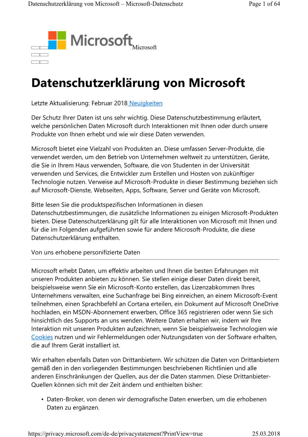 Datenschutzerklärung Von Microsoft – Microsoft-Datenschutz Page 1 of 64
