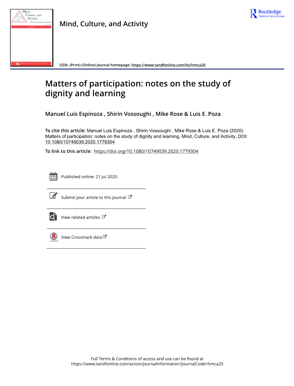 Matters of Participation: Notes on the Study of Dignity and Learning