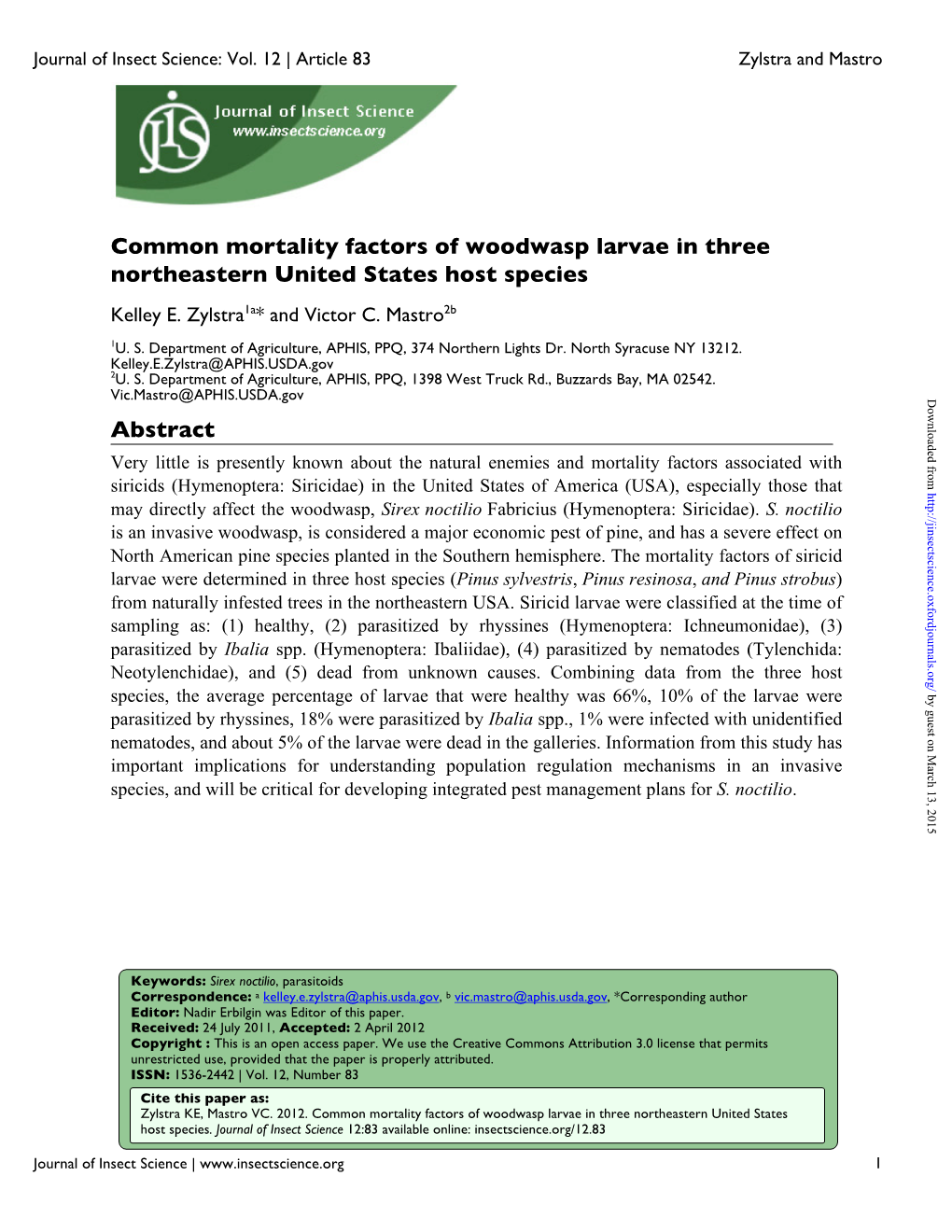 Common Mortality Factors of Woodwasp Larvae in Three Northeastern United States Host Species