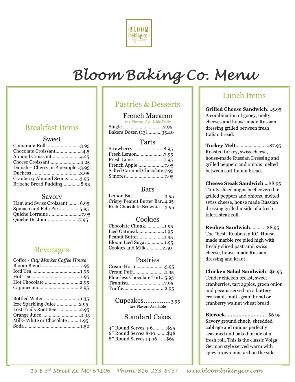 Bloom Baking Co. Menu