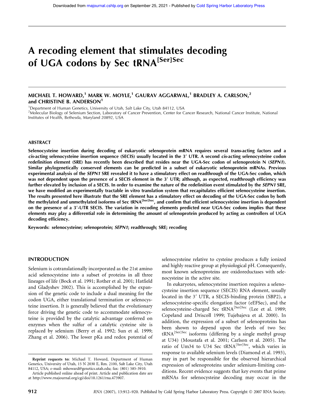 A Recoding Element That Stimulates Decoding of UGA Codons by Sec Trna[Ser]Sec