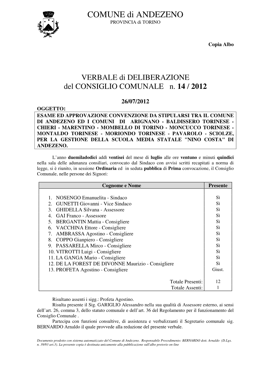 COMUNE Di ANDEZENO PROVINCIA Di TORINO