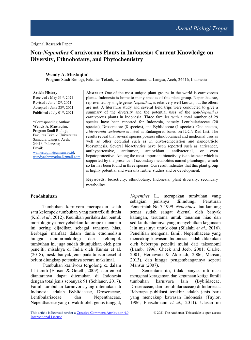 Jurnal Biologi Tropis Non-Nepenthes Carnivorous Plants in Indonesia