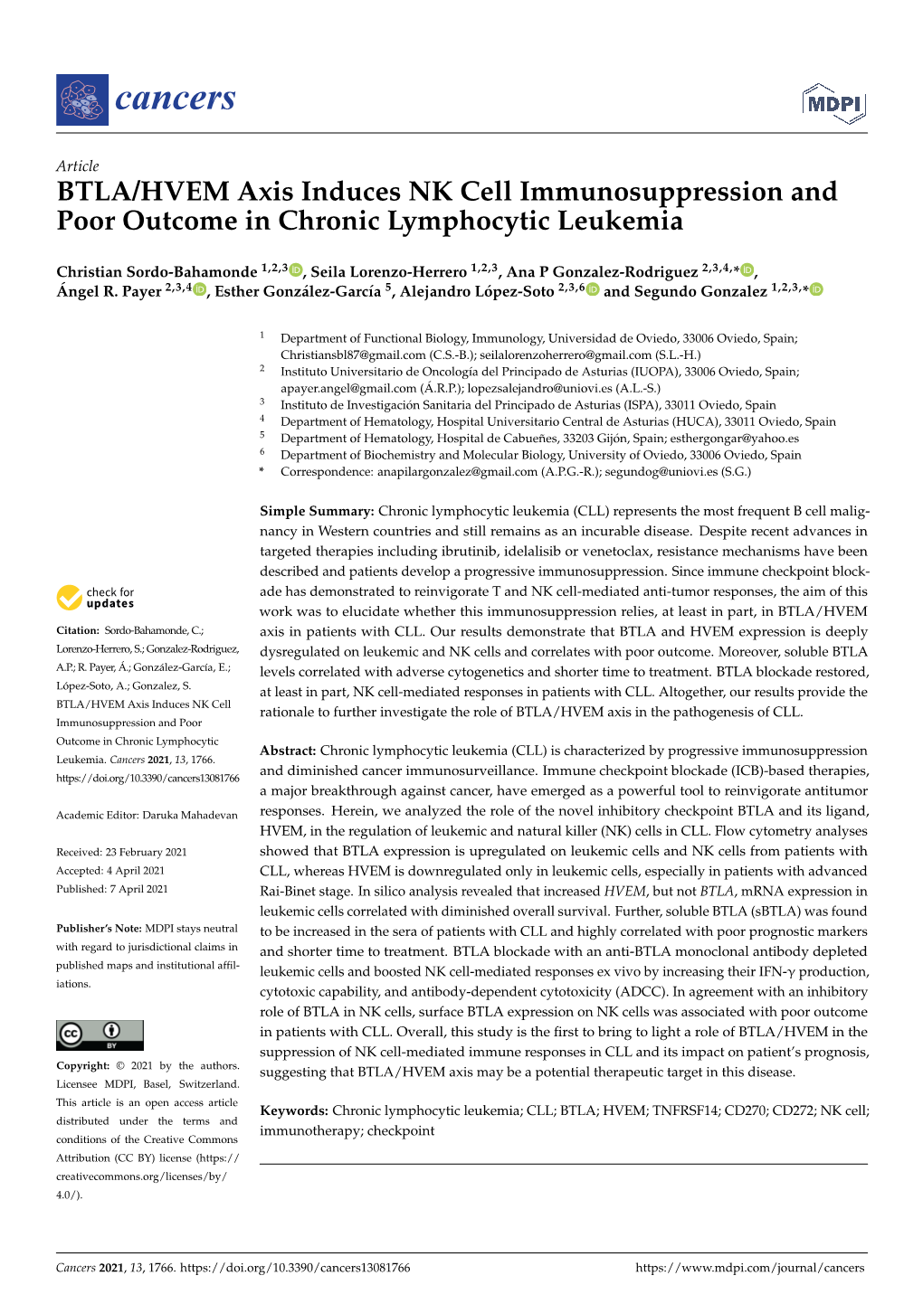 BTLA/HVEM Axis Induces NK Cell Immunosuppression and Poor Outcome in Chronic Lymphocytic Leukemia