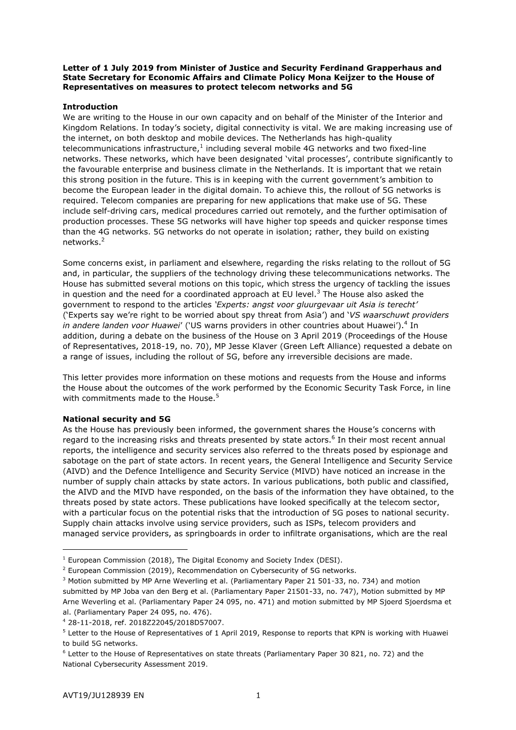 Letter to the House of Representatives of 1 April 2019, Response to Reports That KPN Is Working with Huawei to Build 5G Networks