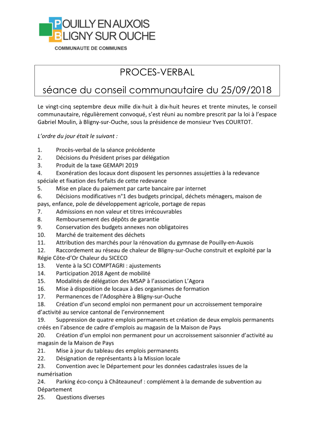 PROCES-VERBAL Séance Du Conseil Communautaire Du 25/09/2018