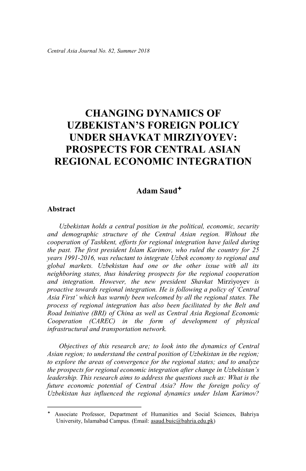 Changing Dynamics of Uzbekistan's Foreign Policy