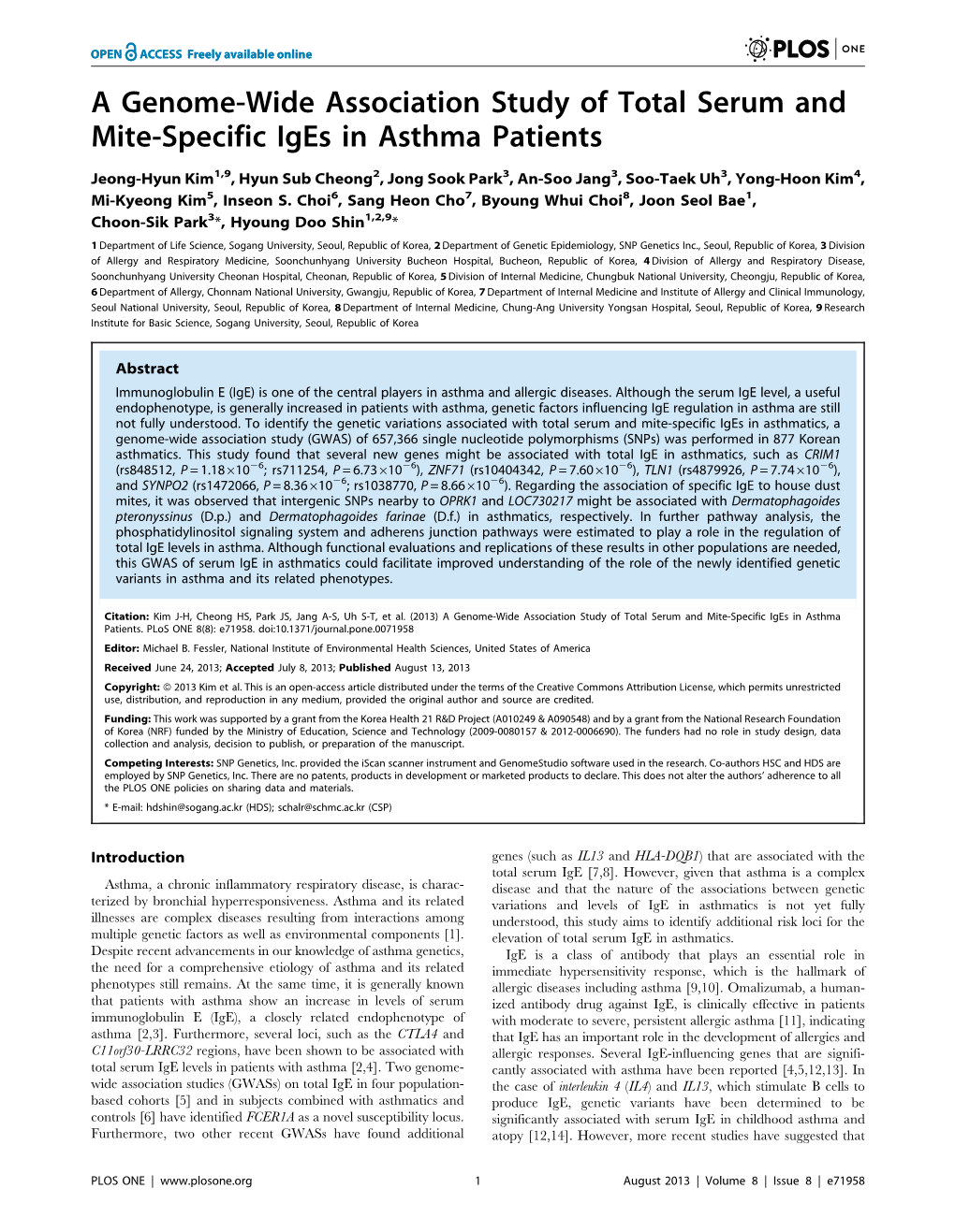 A Genome-Wide Association Study of Total Serum and Mite-Specific Iges in Asthma Patients