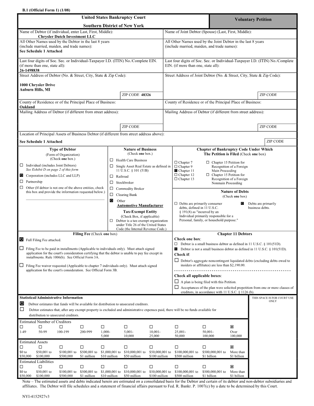 UNITED STATES BANKRUPTCY COURT SOUTHERN DISTRICT of NEW YORK ------X : in Re : Chapter 11 : Chrysler Dutch Investment LLC, : Case No