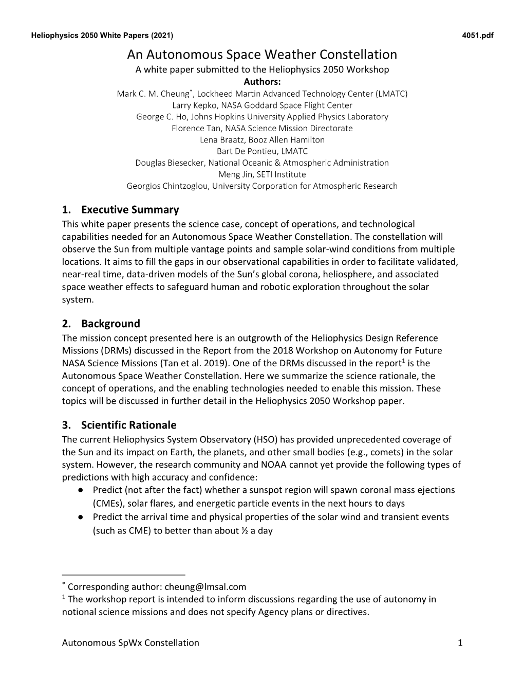 An Autonomous Space Weather Constellation a White Paper Submitted to the Heliophysics 2050 Workshop Authors: Mark C