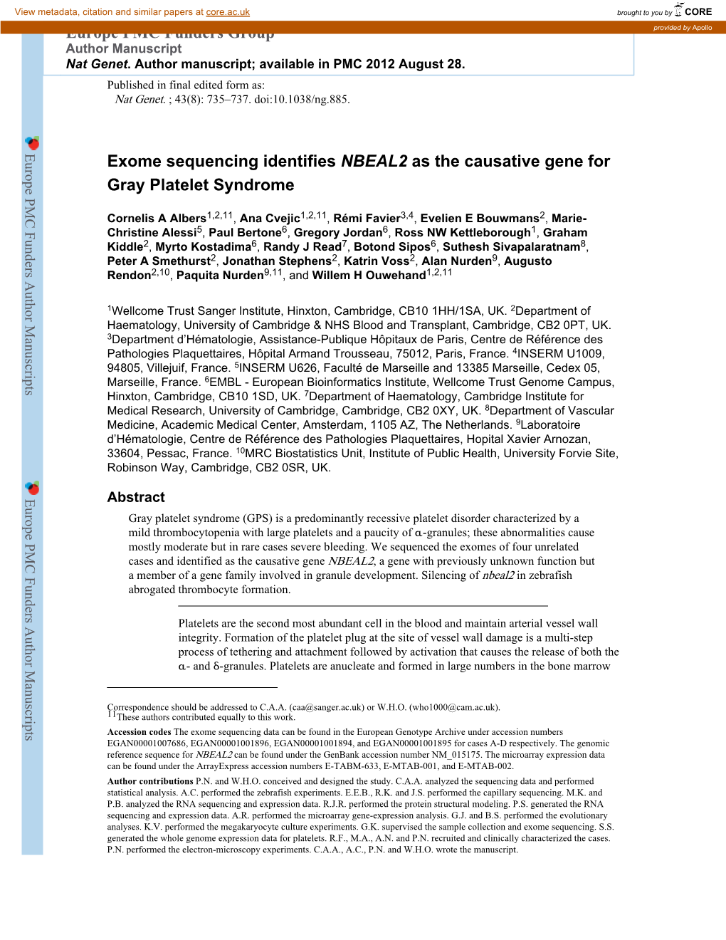 Exome Sequencing Identifies NBEAL2 As the Causative Gene for Gray Platelet Syndrome