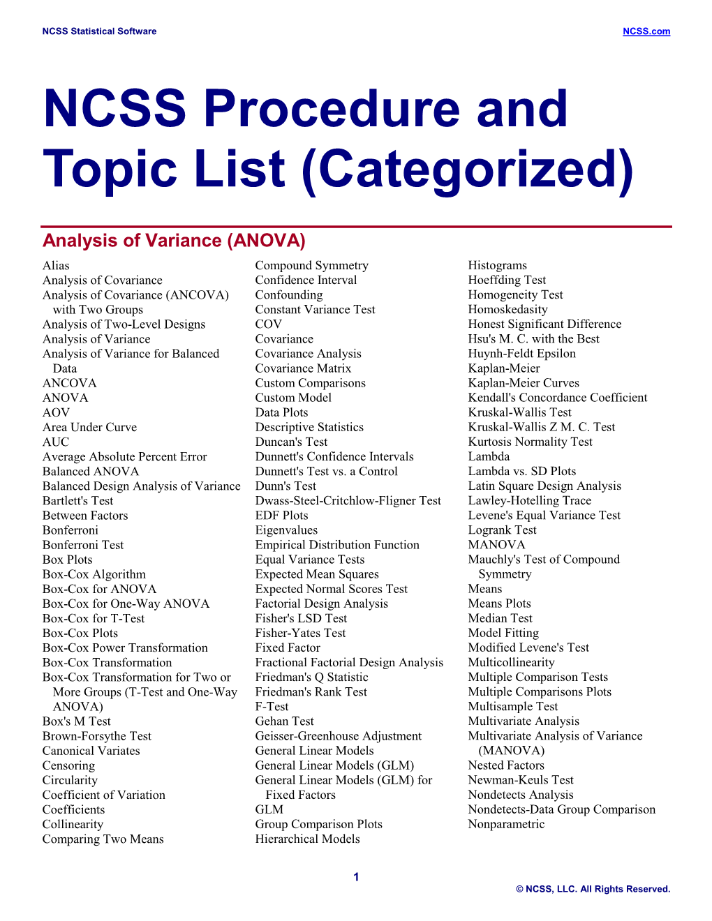 NCSS Procedure and Topic List (Categorized)