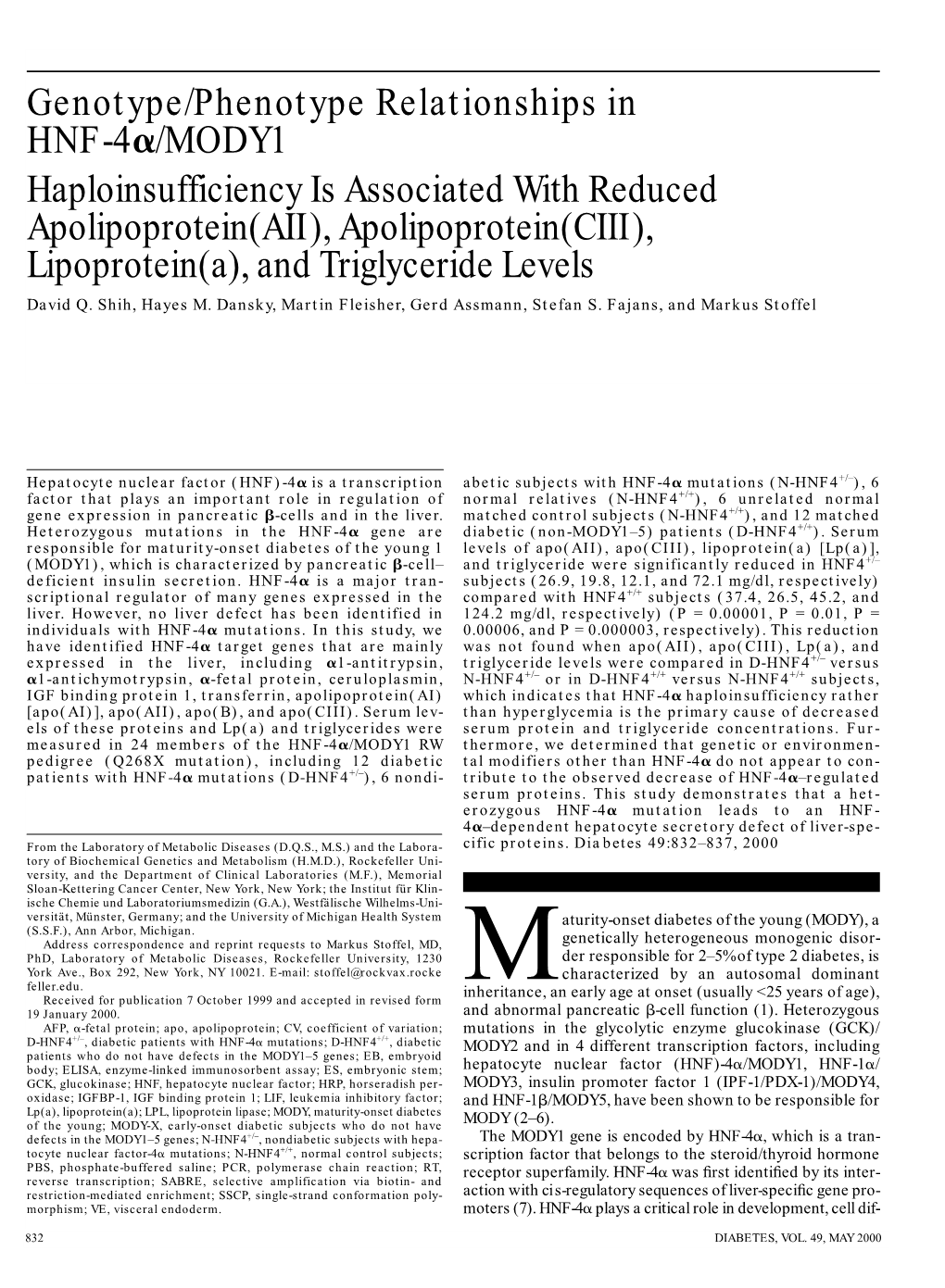 Genotype/Phenotype Relationships in HNF-4 /MODY1 Haploinsufficiency