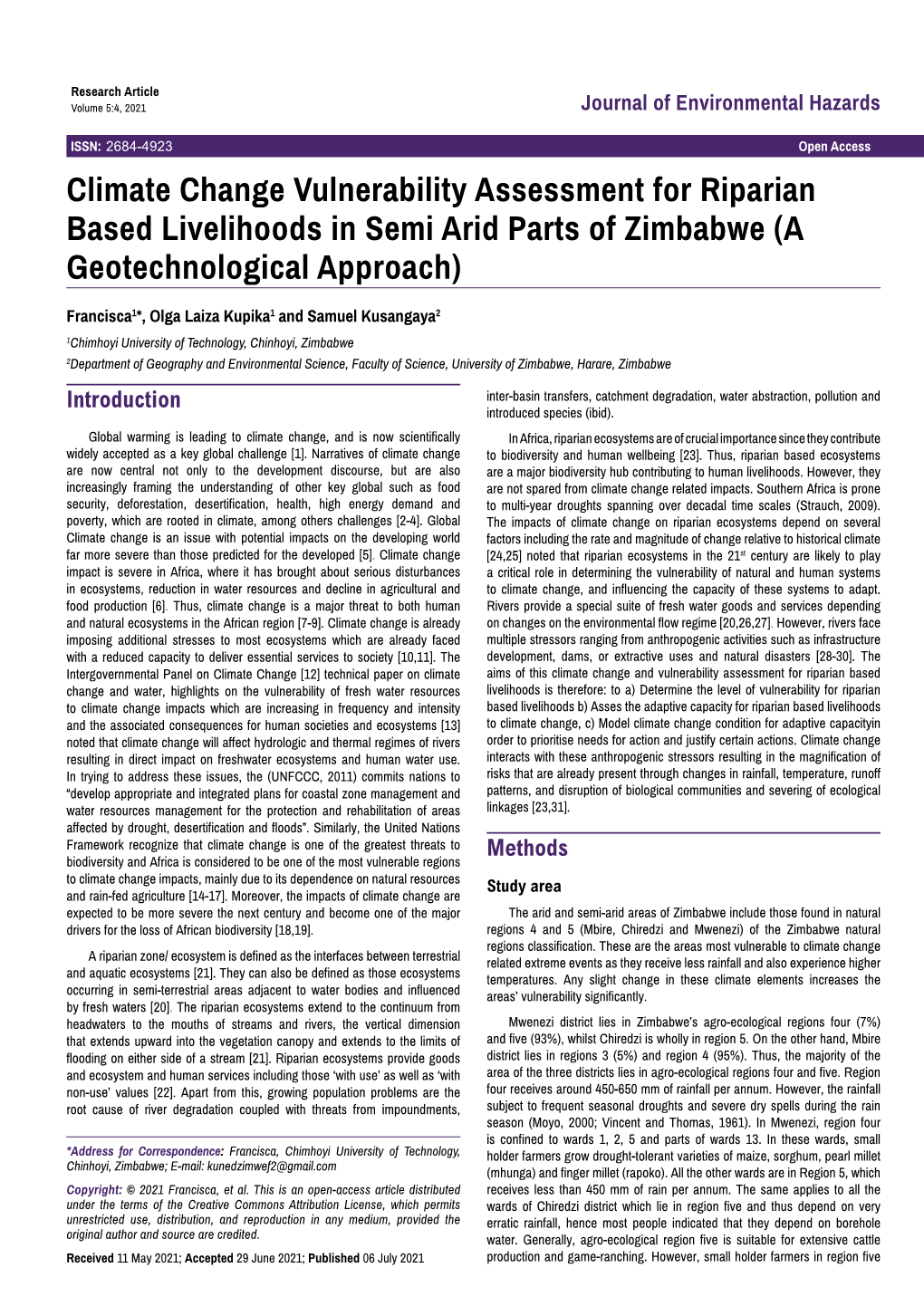 Climate Change Vulnerability Assessment for Riparian Based Livelihoods in Semi Arid Parts of Zimbabwe (A Geotechnological Approach)