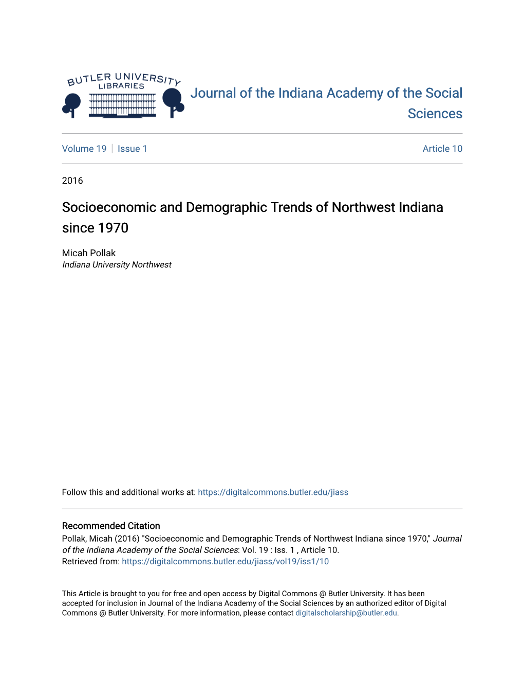 Socioeconomic and Demographic Trends of Northwest Indiana Since 1970