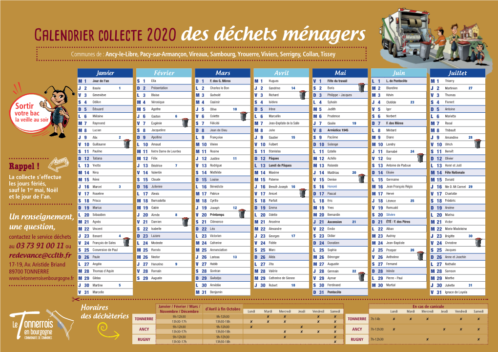 Calendrier Collecte 2020 Des Déchets Ménagers Communes De : Ancy-Le-Libre, Pacy-Sur-Armançon, Vireaux, Sambourg, Yrouerre, Viviers, Serrigny, Collan, Tissey