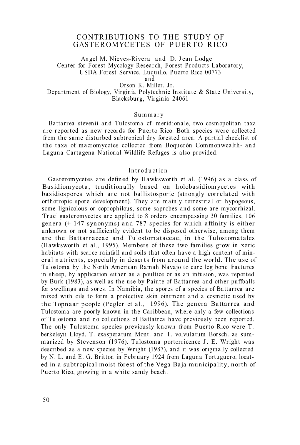 Contributions to the Study of Gasteromycetes of Puerto Rico