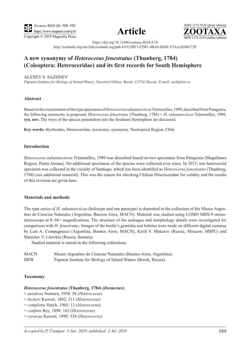 A New Synonymy of Heterocerus Fenestratus (Thunberg, 1784) (Coleoptera: Heteroceridae) and Its First Records for South Hemisphere