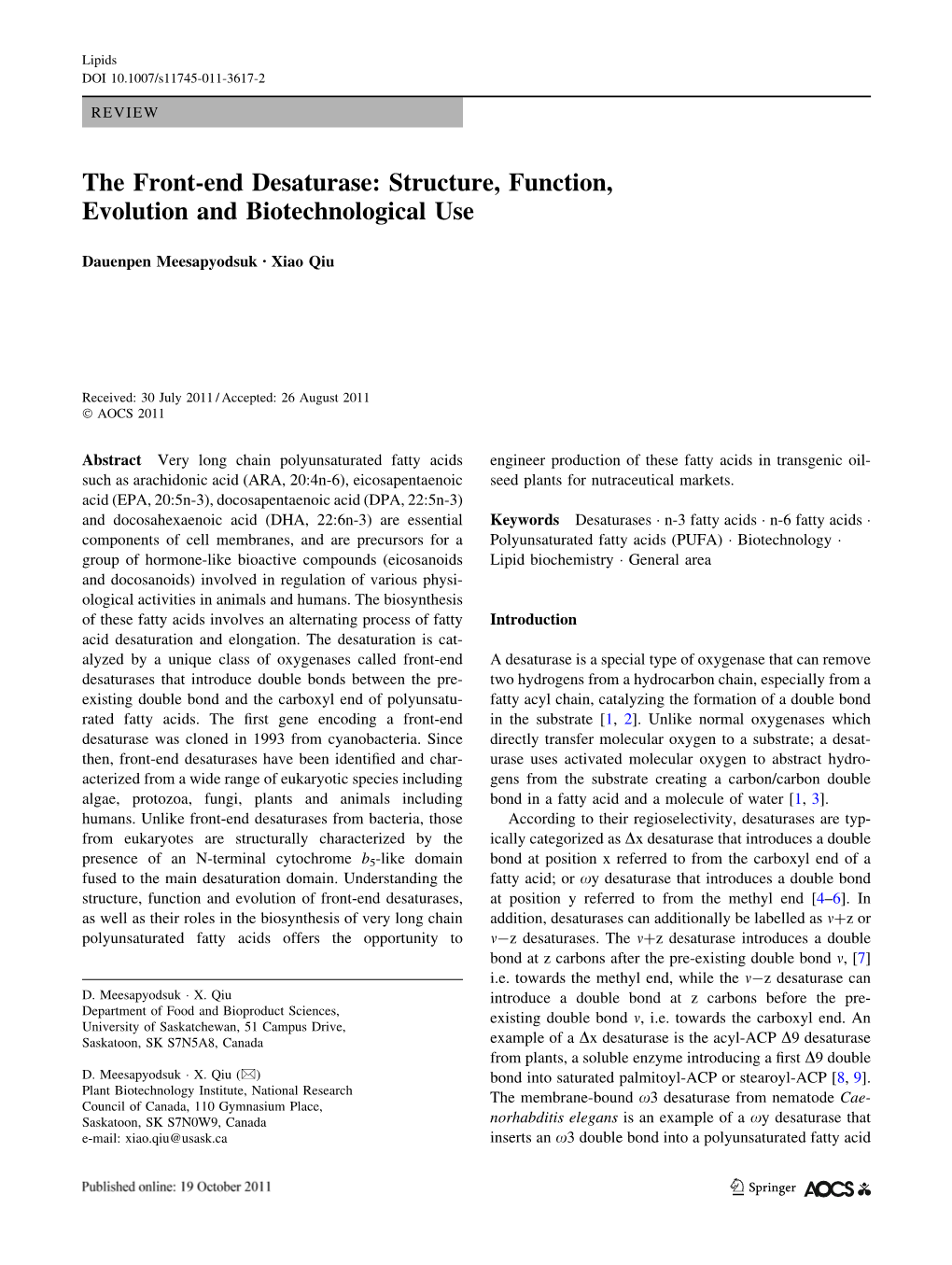 The Front-End Desaturase: Structure, Function, Evolution and Biotechnological Use