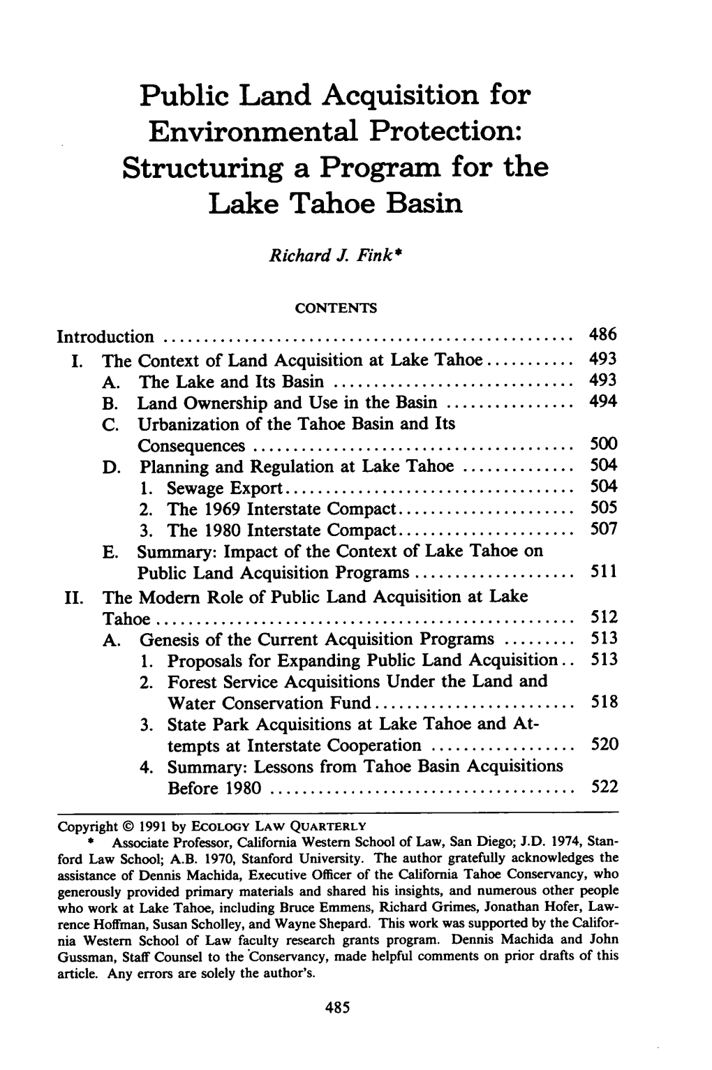 Public Land Acquisition for Environmental Protection: Structuring a Program for the Lake Tahoe Basin